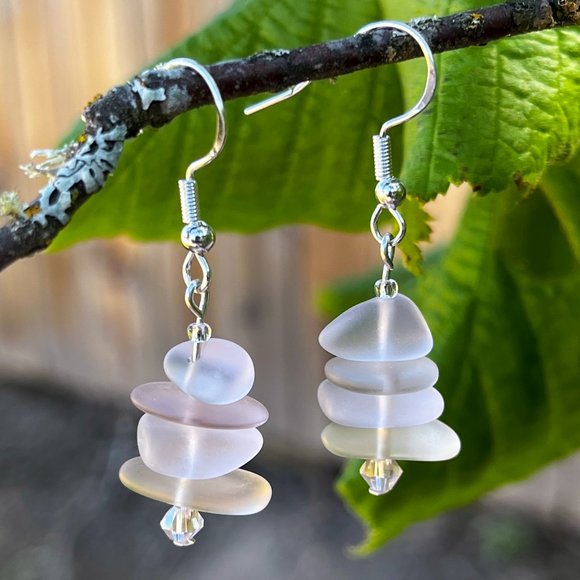 Artisan Jewelry - Sea Glass Pebble Earrings Pink Handmade